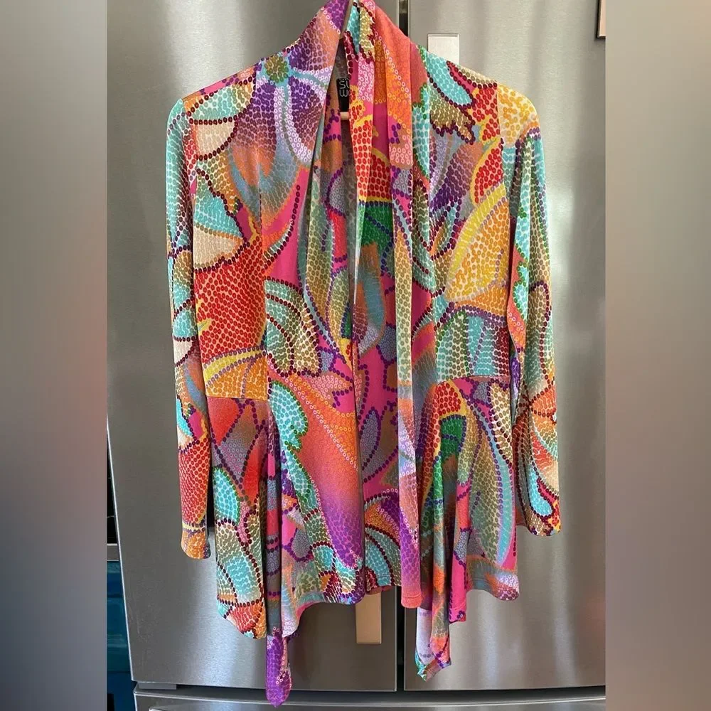 Clara SunWoo gorgeous Draped Tunic open Cardigan in Mosaic Petal Print LG vacay! - Picture 2 of 11